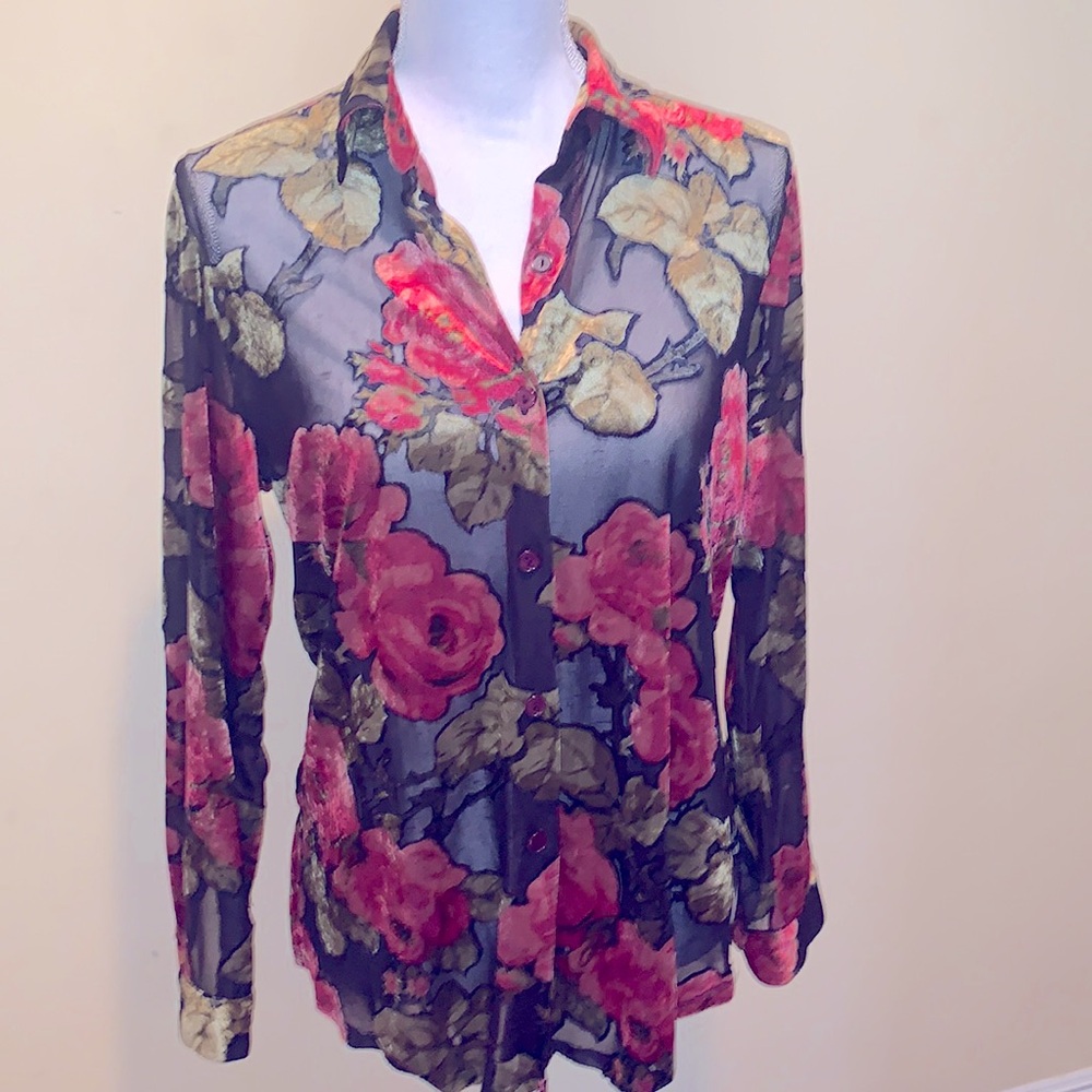 Burnout Velvet Floral Blouse Buttons Down Sheer Peekaboo Granny Coquette Girl